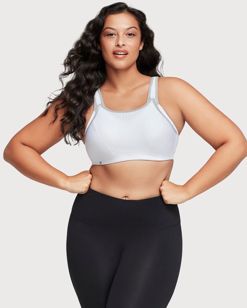 Front of a model wearing a size 36H Custom Control WonderWire Sports Bra in White/Gray by Glamorise Sport. | dia_product_style_image_id:260652